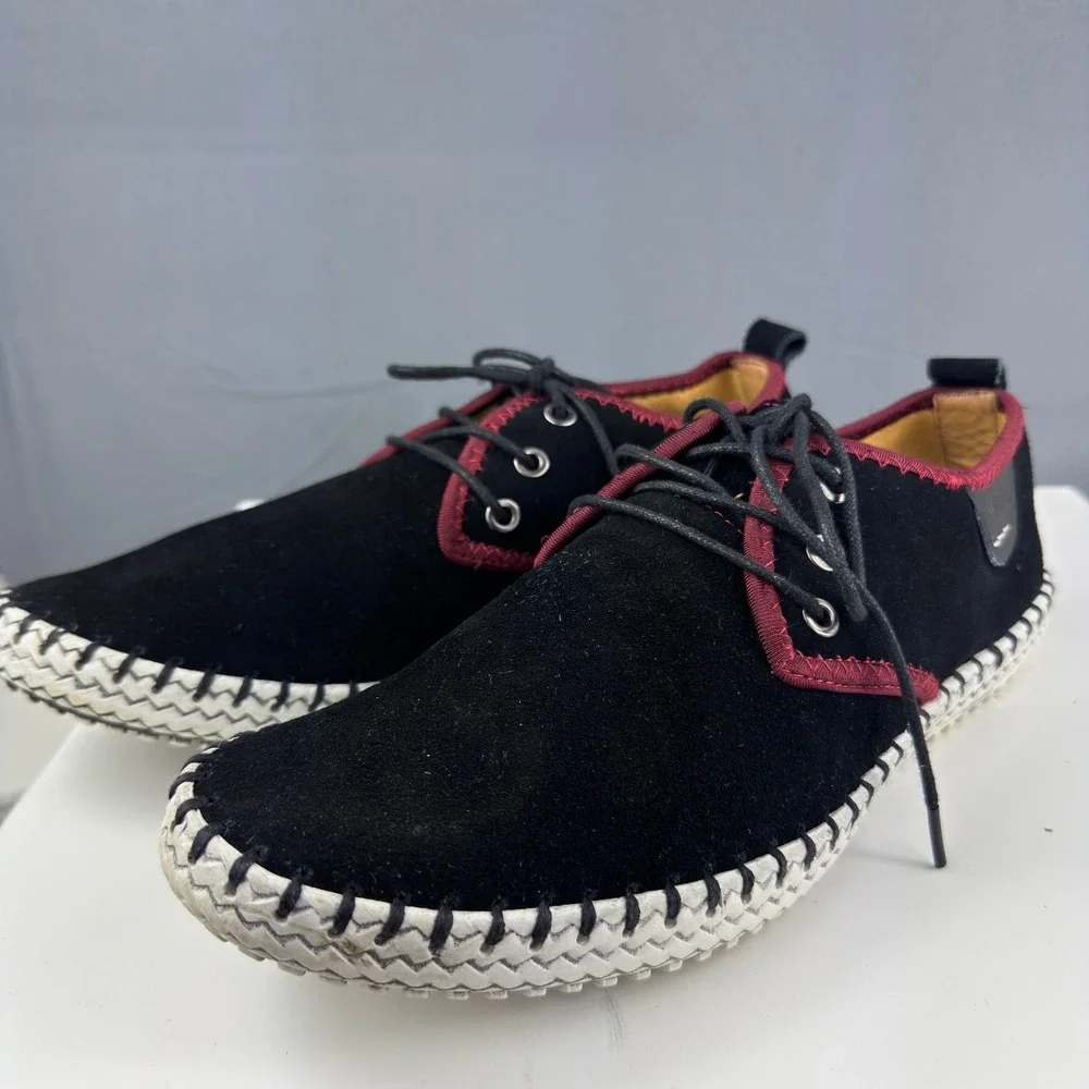 Fashion Casual Shoes Mens 10 Black Suede Burgundy Trim Whipstitch Lace Up Flats